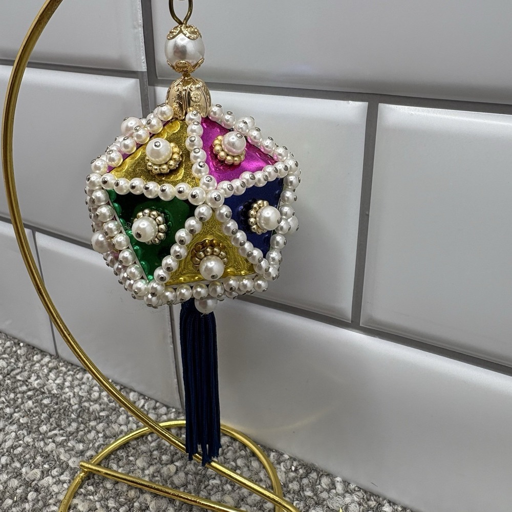 Vtg Christmas Ornament Geometric Push Pin Beaded Foil Faux Pearl w Tassel - Picture 3 of 10